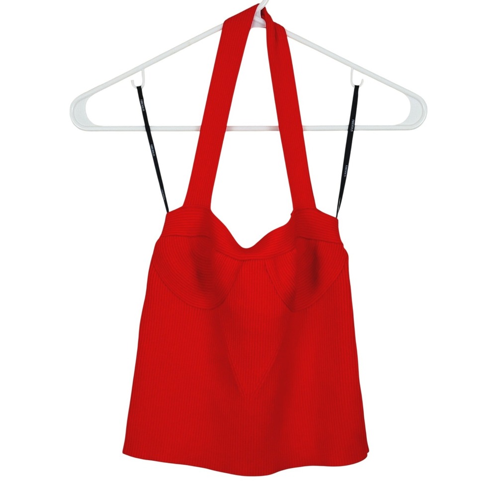 Forever 21 Womens Red Ribbed Knit Bustier Halter Neck Top Sleeveless Slim Fit
